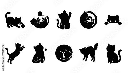 10 Cute Cat Silhouette Actions – Viral Sticker Pack Vector