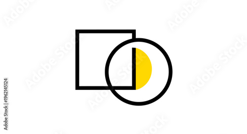 Minimalist Abstract Geometric Design with Overlapping Black Square and Yellow Circle on Isolated White Background
