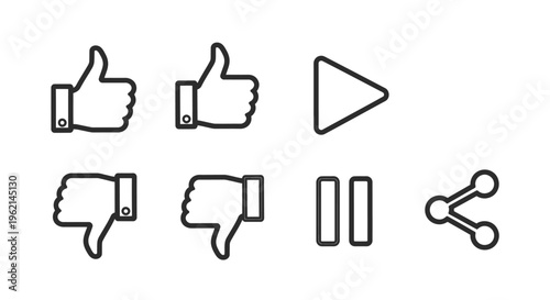 Social Media UI Icons Set Including Like, Dislike, Play, Pause, and Share Buttons on Isolated White Background