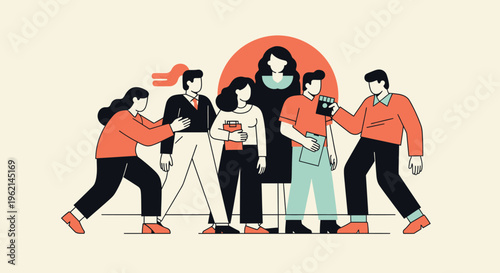 Diverse group of people standing and interacting, some wearing protective face masks, in a bright studio background.