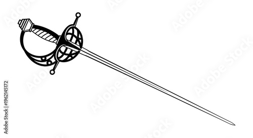 Outline Drawing of an Elegant Rapier Sword Representing Historical Combat on Isolated White Background