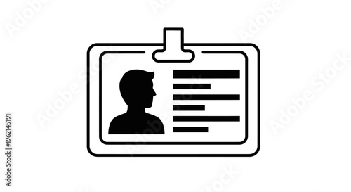 Outline icon of a detailed identification card or badge with a user profile and text fields on an isolated white background.