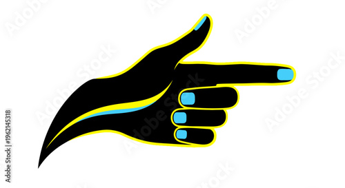 Stylized black hand with blue fingernails making a pointing gesture to the right on an isolated white background.