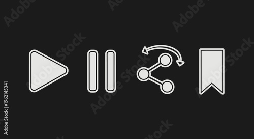 Media player control icons including play, pause, share, and bookmark on a dark background, in bright studio
