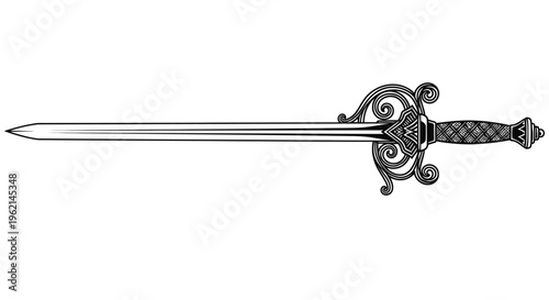 Detailed decorative antique sword with elegant hilt, isolated white background