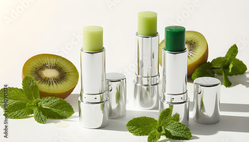 Fresh peppermint and kiwi lip care products on light background