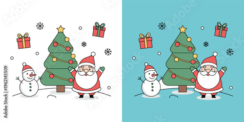 Jolly Santa Claus and happy snowman stand beside a festive Christmas tree adorned with ornaments and gifts, celebrating the magical winter holiday season