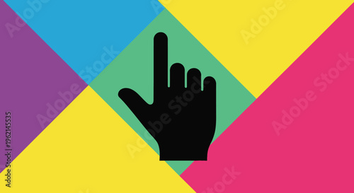 Hand pointing upwards on a colorful geometric background, representing selection or interaction.