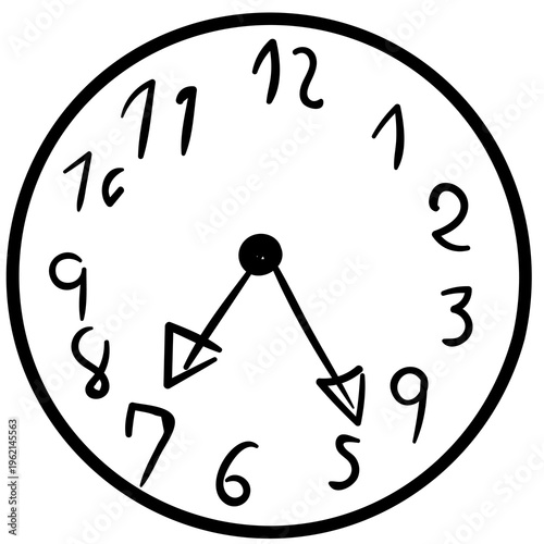 手描き風のシンプルなアナログ時計イラスト、時間管理やスケジュールを表現する白黒デザイン素材