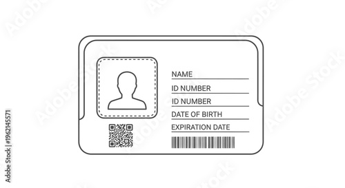 Detailed outline identification card template with name, ID number, and barcode on isolated white background.