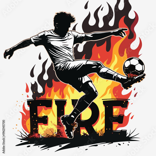 A dynamic illustration of a soccer player kicking a ball in front of a stylized fire background