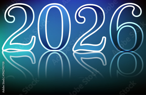 青いグラデーション背景に反射するネオン風の2026数字が輝く未来感あふれる新年コンセプトビジュアル
