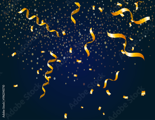 ネイビー背景に金色の紙吹雪とリボンが舞う華やかなパーティーやお祝いイベント向け豪華背景素材