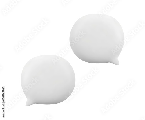 Two 3D white speech bubbles isolated on a white background. Minimalist talk or comment sign symbols for chat, messaging.