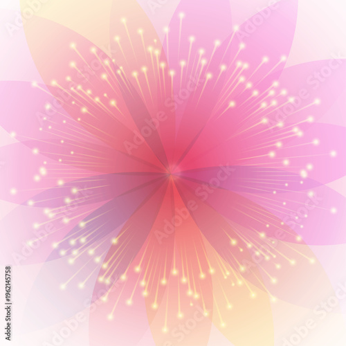 柔らかなピンクとオレンジのグラデーションが重なり合う幻想的な花の放射デザインと光の粒が広がるエレガントな抽象背景イラスト