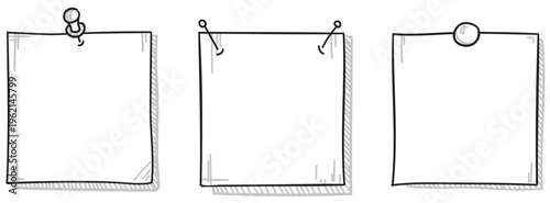 ピンやクリップで留めた手書き風のシンプルなメモ用紙フレーム3種類セットゆるい線画で使いやすいラフスケッチ風テンプレート素材