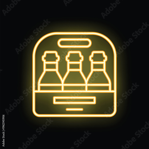Bright yellow neon icon of a six pack of beer bottles glowing against a dark background