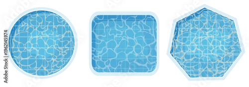 幾何学フレームに切り取られた透明感あふれるプール水面テクスチャとタイル模様の涼しげな夏の抽象背景素材セット