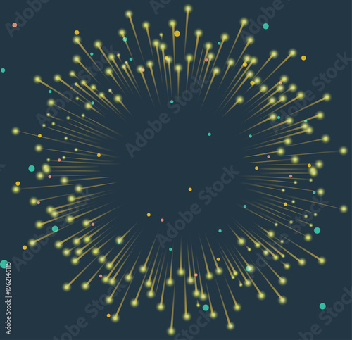 夜空に広がる花火のような光の粒と放射状のラインで構成された円形フレームデザイン華やかで幻想的なイベント向け装飾背景素材