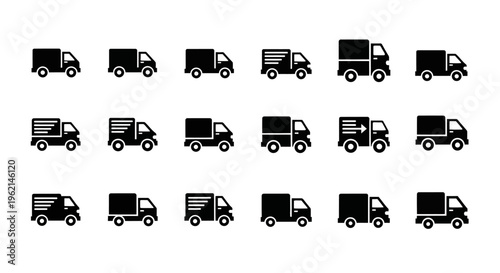 Collection of Black Truck Icons: Delivery, Logistics, Shipping, and Transportation Services