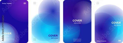 Abstract gradient cover design set of 4 vector templates, blue and purple blurred circle backgrounds with soft aura lighting, modern minimalist poster layouts for corporate branding