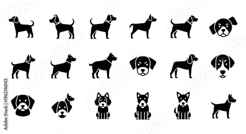Dog Icons Set: Diverse Breeds and Poses in Silhouette Style