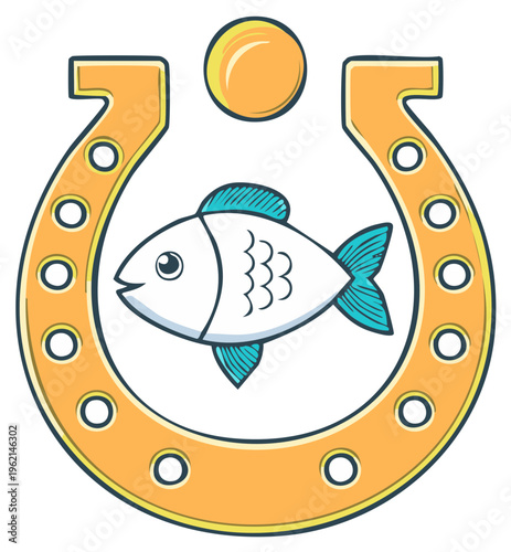Cute cartoon fish inside a vibrant golden horseshoe with a small yellow circle above