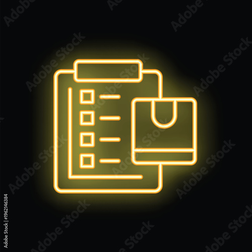Neon yellow icon of a clipboard checklist with a cardboard box hovering above, symbolizing order fulfillment in e commerce