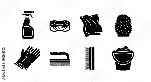 Cleaning Supplies Icons: Spray Bottle, Sponge, Cloth, Brush, Gloves, Bucket