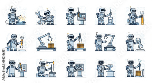 Robot factory workers performing various industrial tasks with tools and machinery in a workshop setting