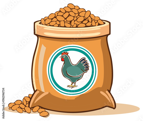 Chicken feed bag with chicken illustration and grains