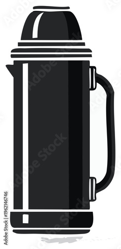 Black vintage thermos bottle with handle. Vector illustration of a flask for hot beverages.