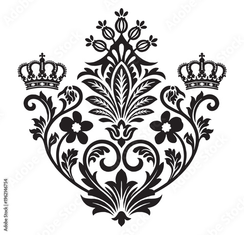 Vintage damask floral crest with royal crowns, ornate black baroque heraldic ornament, elegant victorian fleur-de-lis vector illustration for luxury branding