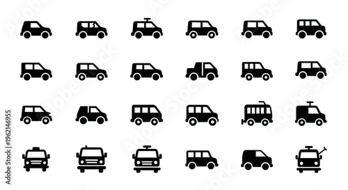 Diverse Car Icons Collection: City Vehicles, Emergency, and Transport Symbols