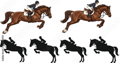 Horse jumping with rider equestrian sport silhouettes and colored illustration set dynamic movement competition training vector design isolated