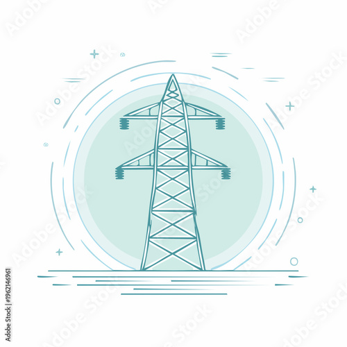 Electric tower stands tall in a stylized illustration with a power pole and electricity pylon icon.