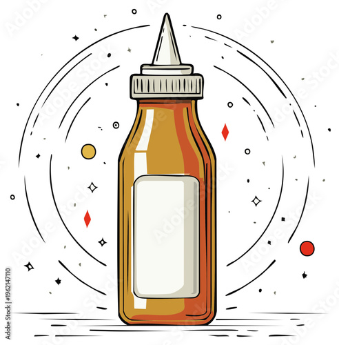 Illustrated bottle of condiment with label, detailed cartoon style.