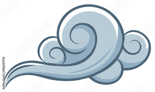 Cartoon illustration of a traditional Japanese or Chinese swirl cloud. Stylized wind puff or smoke graphic.