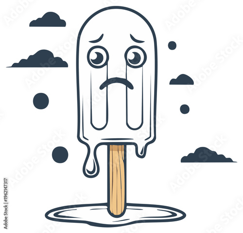 Sad melting popsicle crying with sadness in puddle with clouds around isolated on white background
