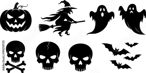 Large collection of minimalist black and orange Halloween silhouette icons, spooky decorative elements including pumpkin, ghost, and witch vector isolated on white.