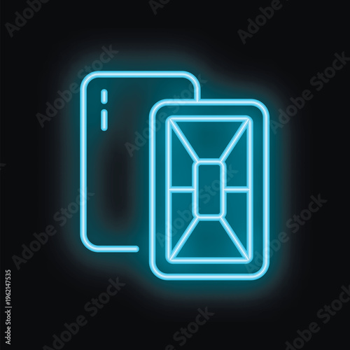 Blue neon icon of a sim card glowing on a dark background