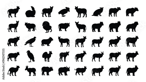 Collection of various animal silhouettes in different poses and orientations