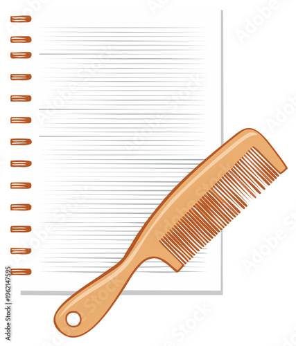 Stylized brown hair comb on a lined paper notepad with spiral binding perfect for beauty or education themes