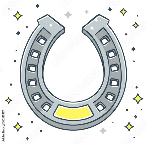 Cartoon lucky horseshoe surrounded by sparkling stars and glitters symbolizing good fortune