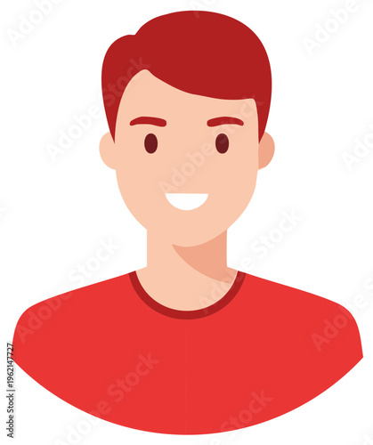 Minimalist flat design illustration of a friendly smiling young man wearing a red t shirt