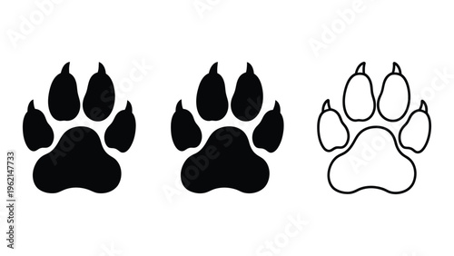 Three black and white bear paw prints on a white background