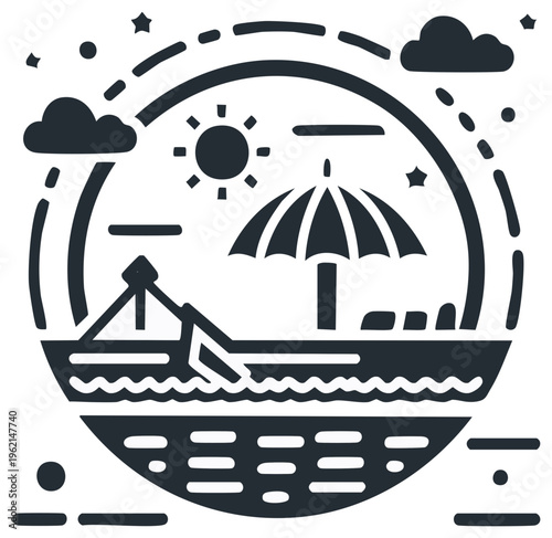 Circular Silhouette Scene of a Beach Umbrella and Deck Chairs Under a Sunny Sky with a Boat Sailing