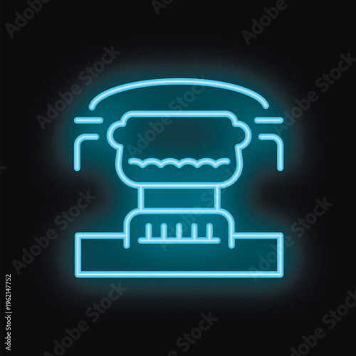 Blue neon sign icon of a food processor standing on a countertop with its lid open and steam coming out, on a black background
