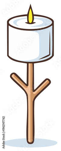 Cartoon Marshmallow with a Candle Flame on a Wooden Roasting Stick