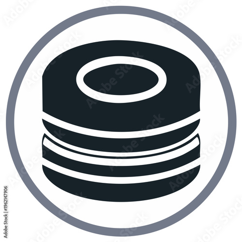 Stack of dark round objects with white rings inside a grey circle icon